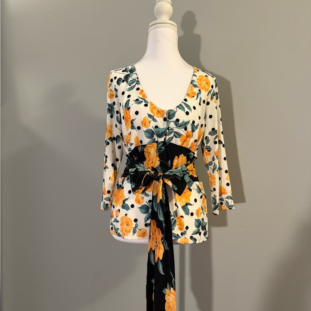 VENUS Yellow Floral and Black Polka Dot Top with Ribbon to Shrink Waist